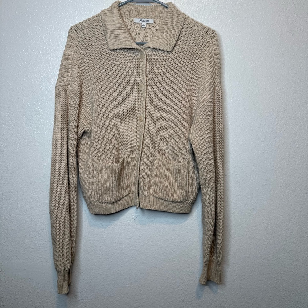 Madewell Ribbed Polo Cardigan in Oatmeal Tan Button Up With Pockets Size Medium